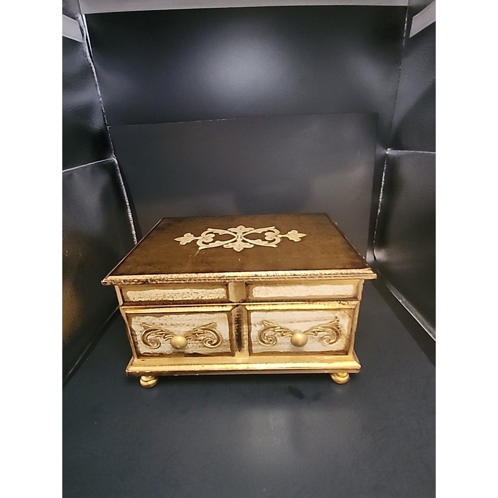 Vintage Goldtone Gilt Wood Musical Florentine Style Jewelry Box 5" X 8.25"X 6"